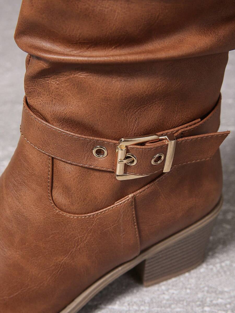 Women's Leather Knee High Boots with Double Buckle Straps