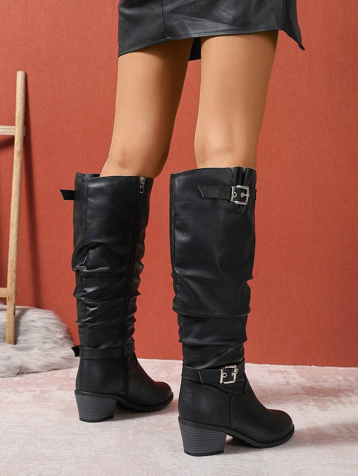 Women's Leather Knee High Boots with Double Buckle Straps