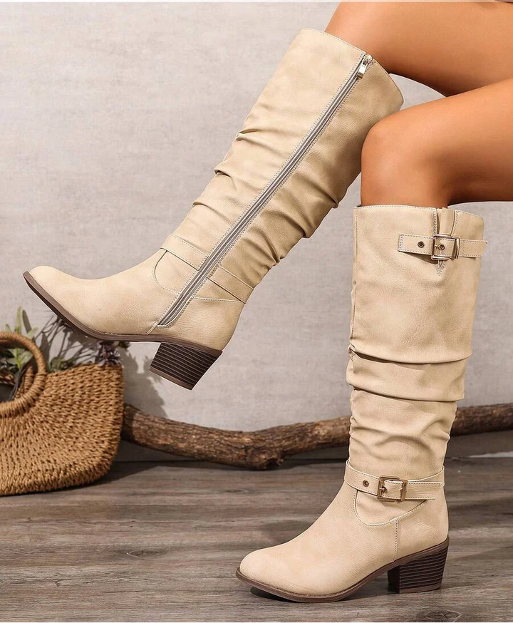 Women's Leather Knee High Boots with Double Buckle Straps