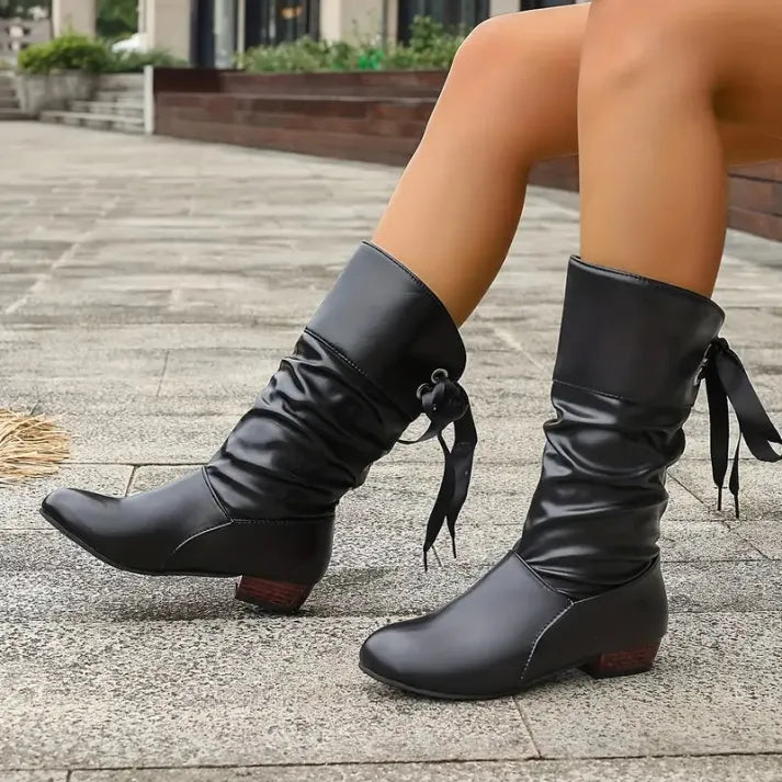 Bottes hautes en cuir pour femme, à tige froncée