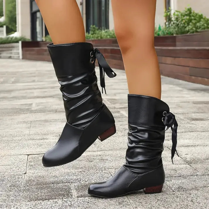 Bottes hautes en cuir pour femme, à tige froncée
