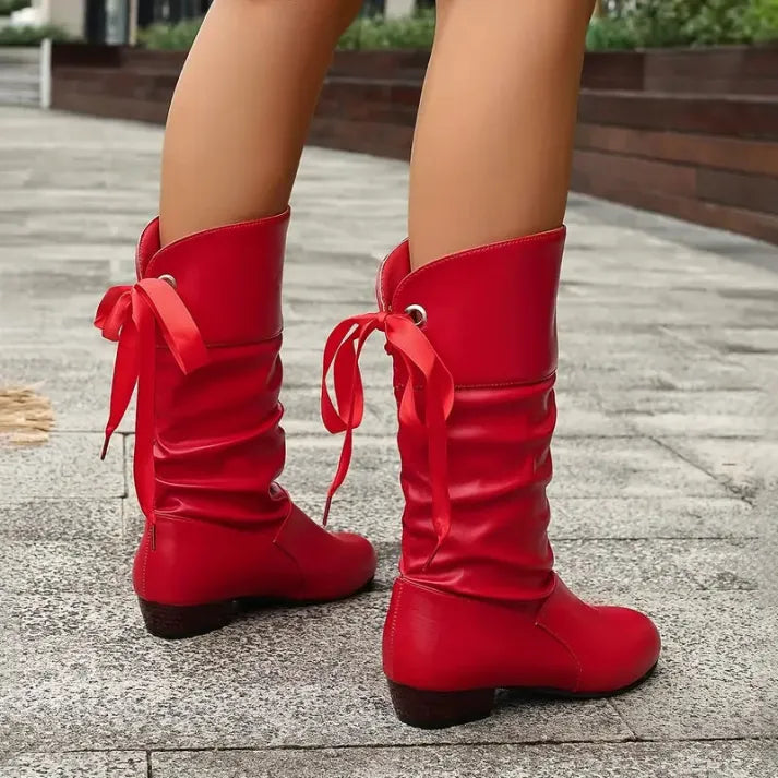 Bottes hautes en cuir pour femme, à tige froncée
