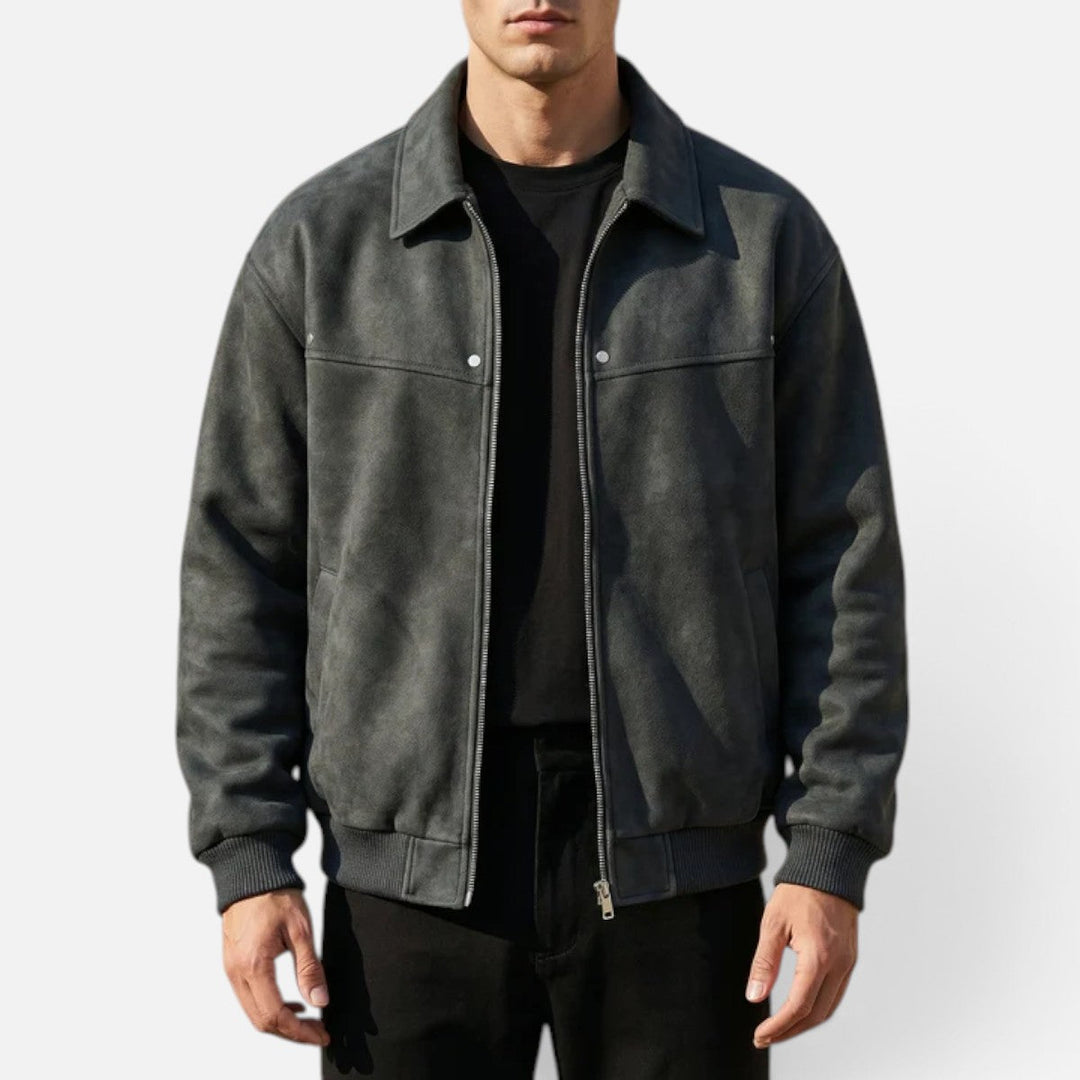 Men's Leather Jacket with Ribbed Cuffs and Hem