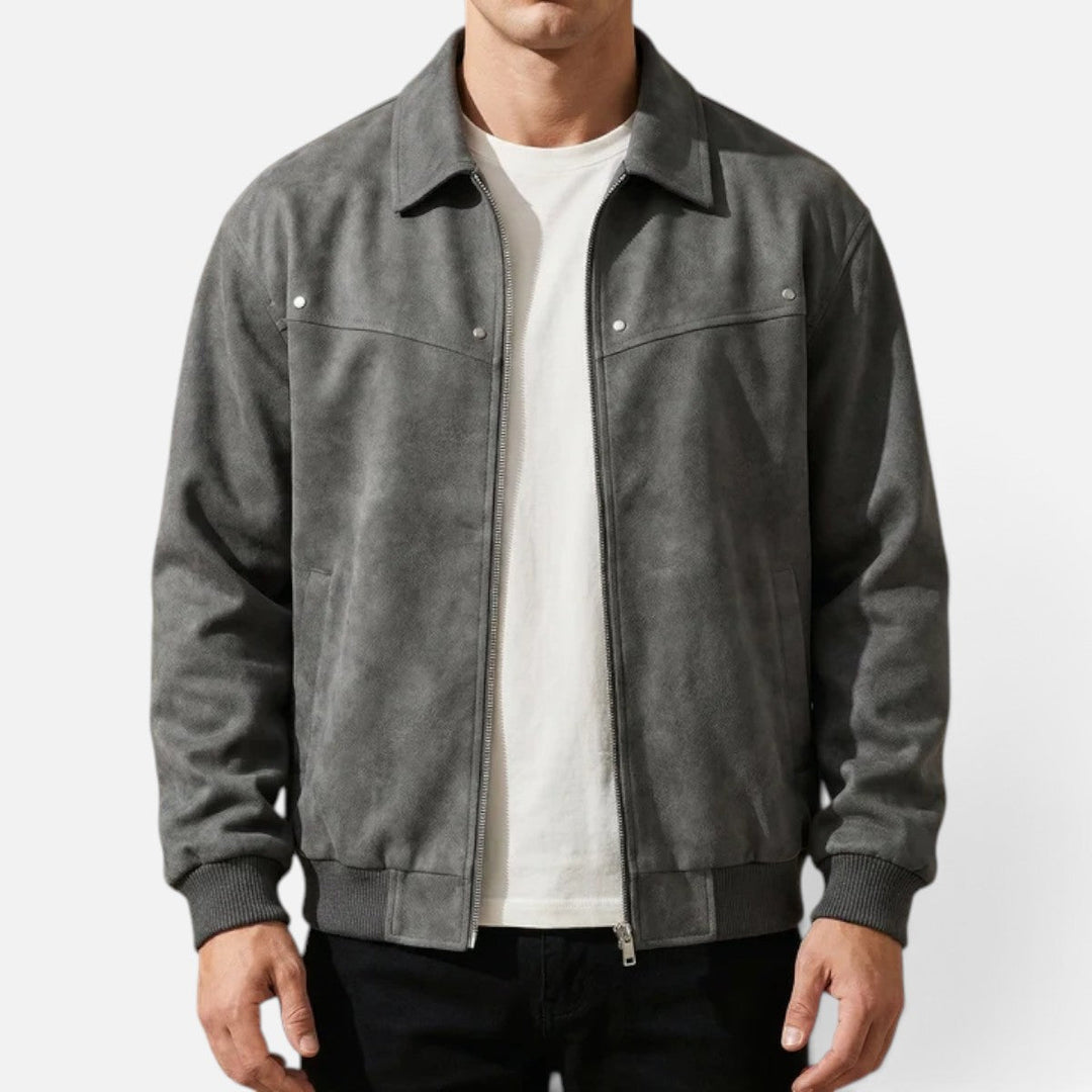 Men's Leather Jacket with Ribbed Cuffs and Hem