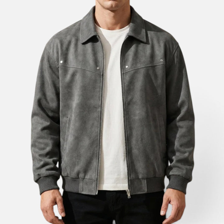 Men's Leather Jacket with Ribbed Cuffs and Hem