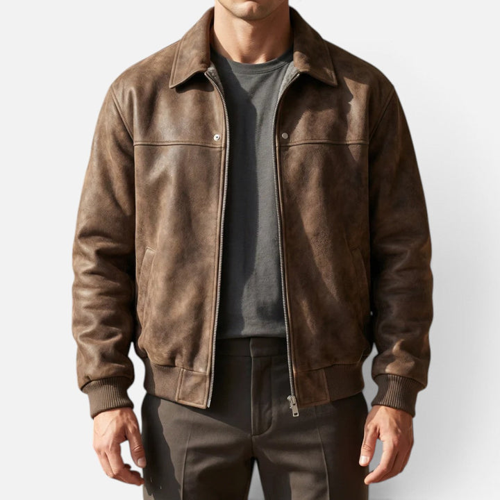 Men's Leather Jacket with Ribbed Cuffs and Hem
