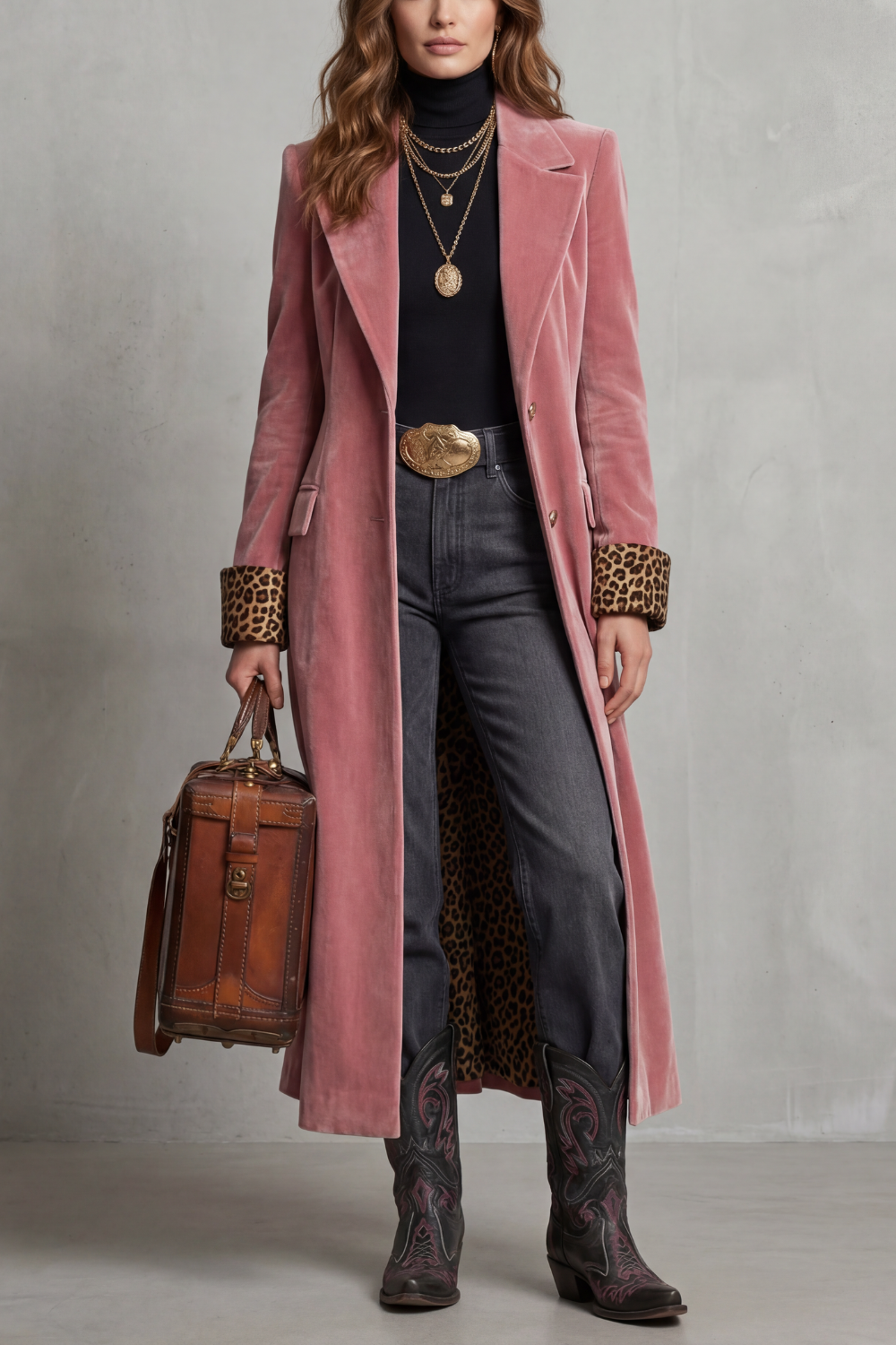 Women's Velvet Longline Coat with Leopard-Print Cuffs