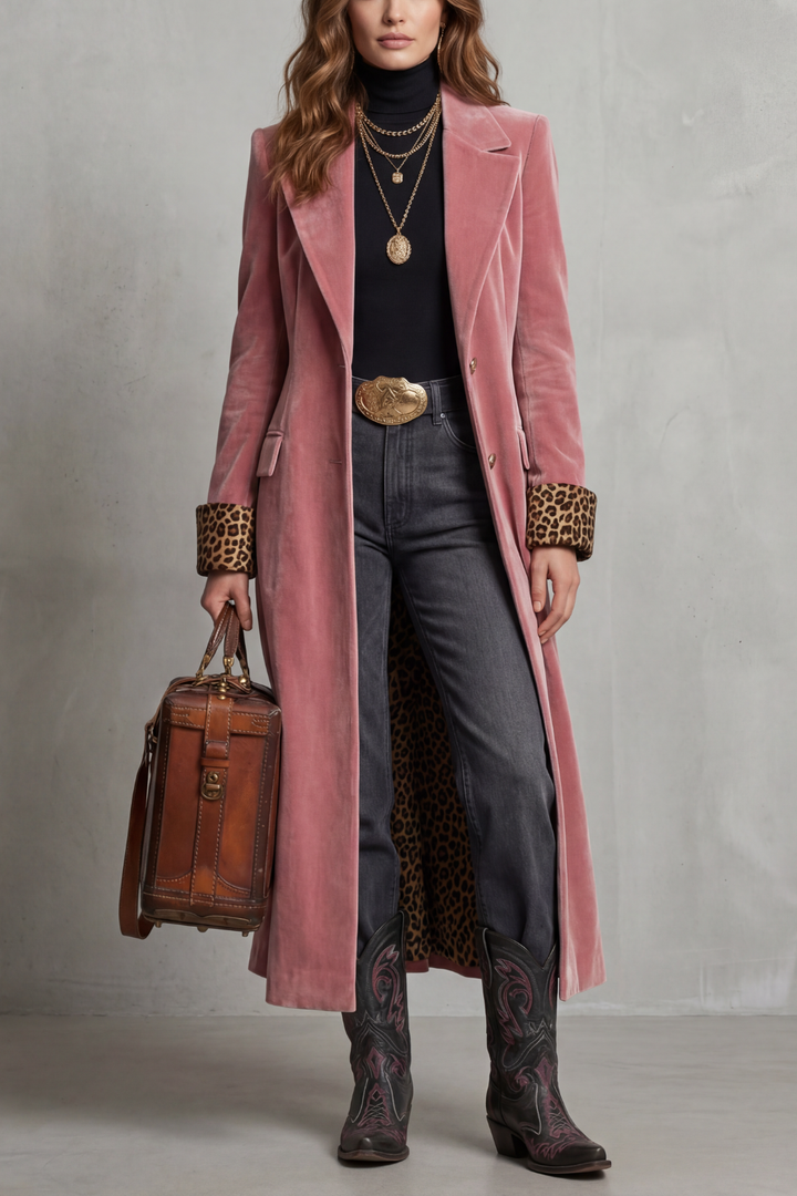 Women's Velvet Longline Coat with Leopard-Print Cuffs