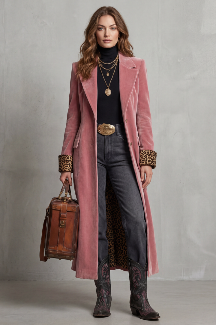 Women's Velvet Longline Coat with Leopard-Print Cuffs