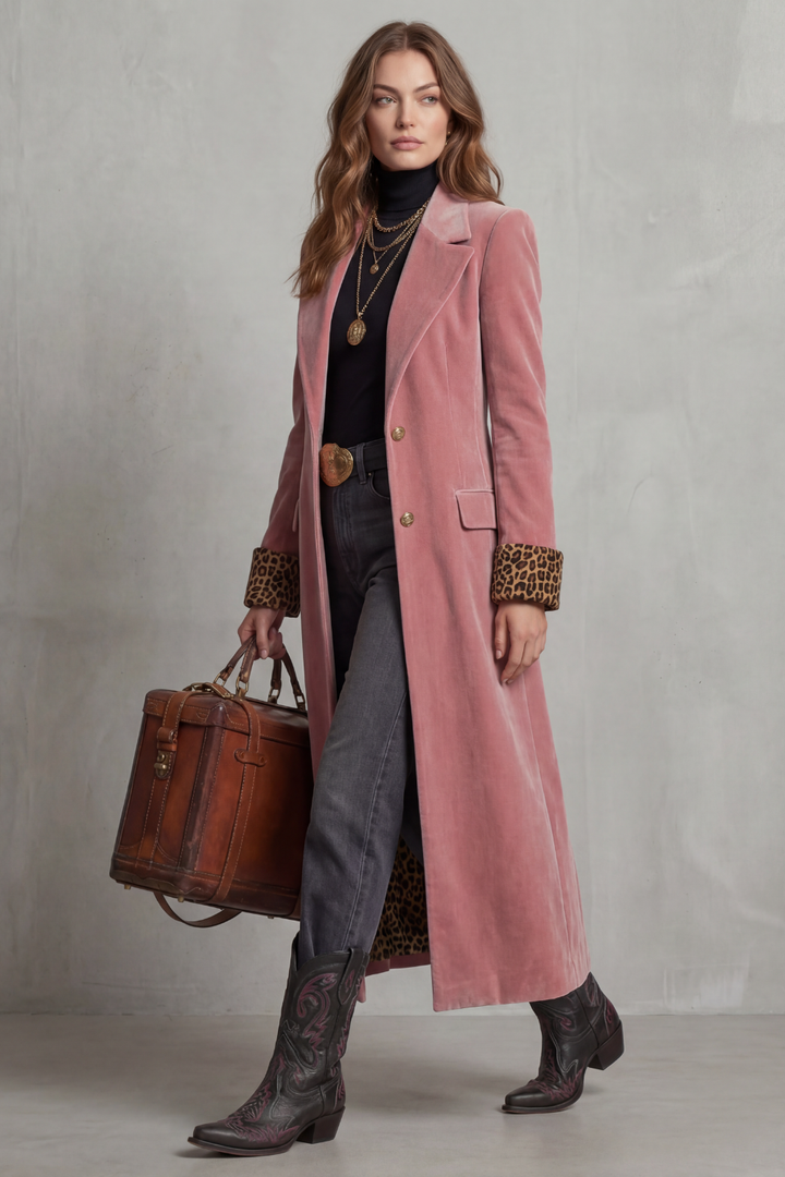 Women's Velvet Longline Coat with Leopard-Print Cuffs
