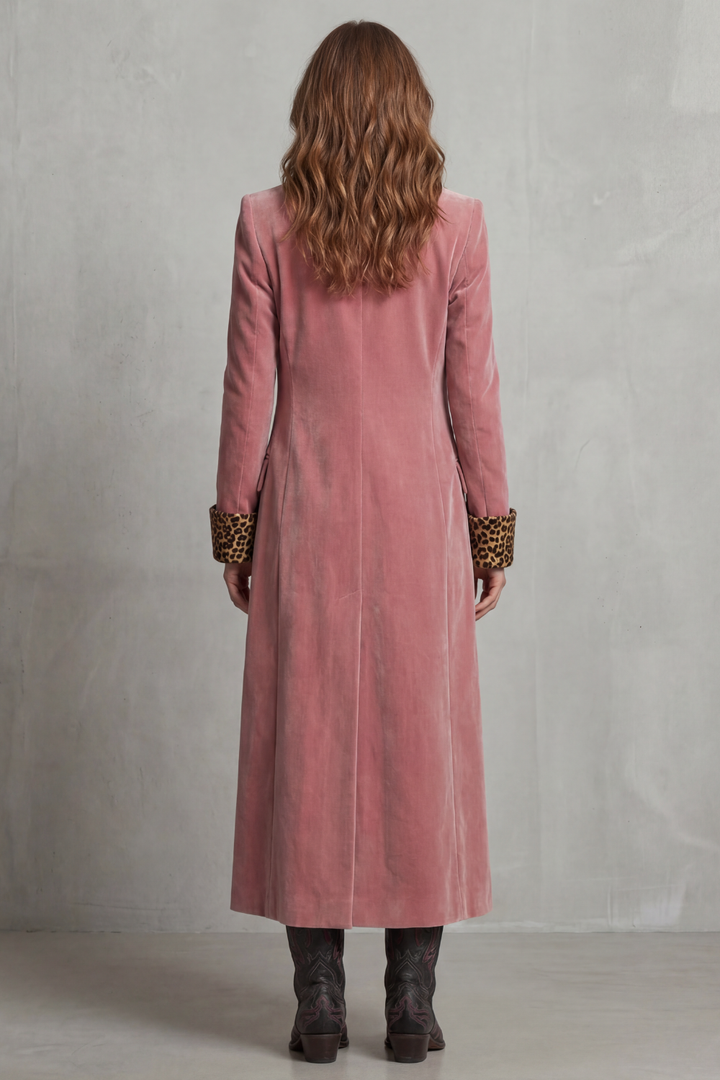 Women's Velvet Longline Coat with Leopard-Print Cuffs
