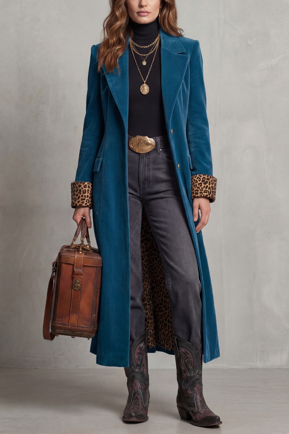 Women's Velvet Longline Coat with Leopard-Print Cuffs