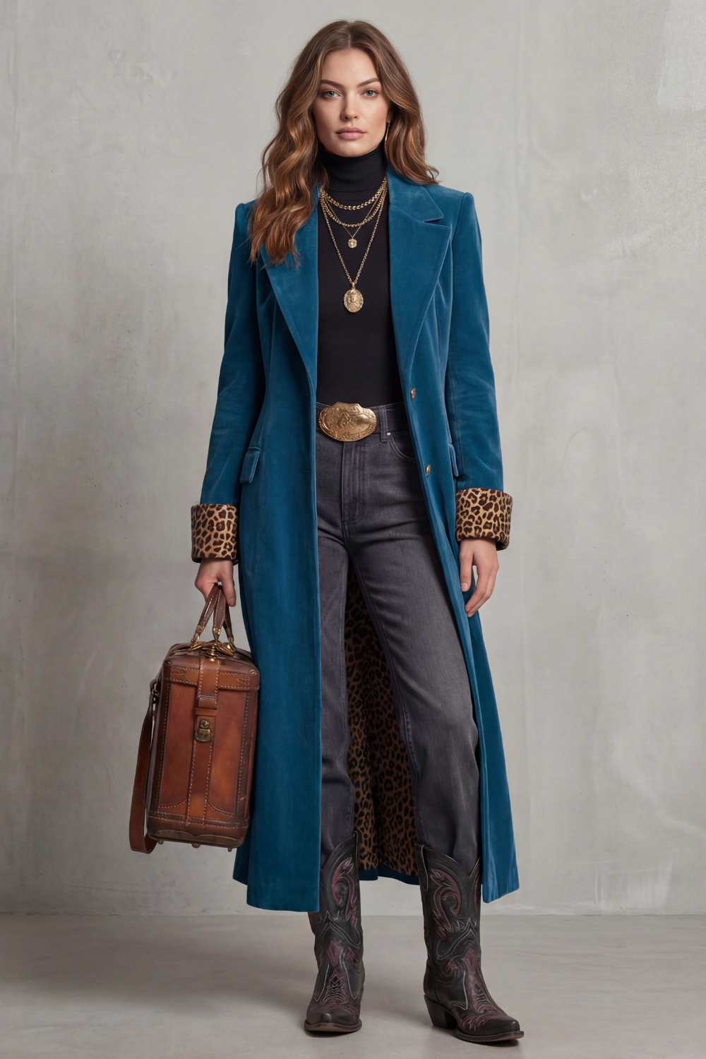Women's Velvet Longline Coat with Leopard-Print Cuffs