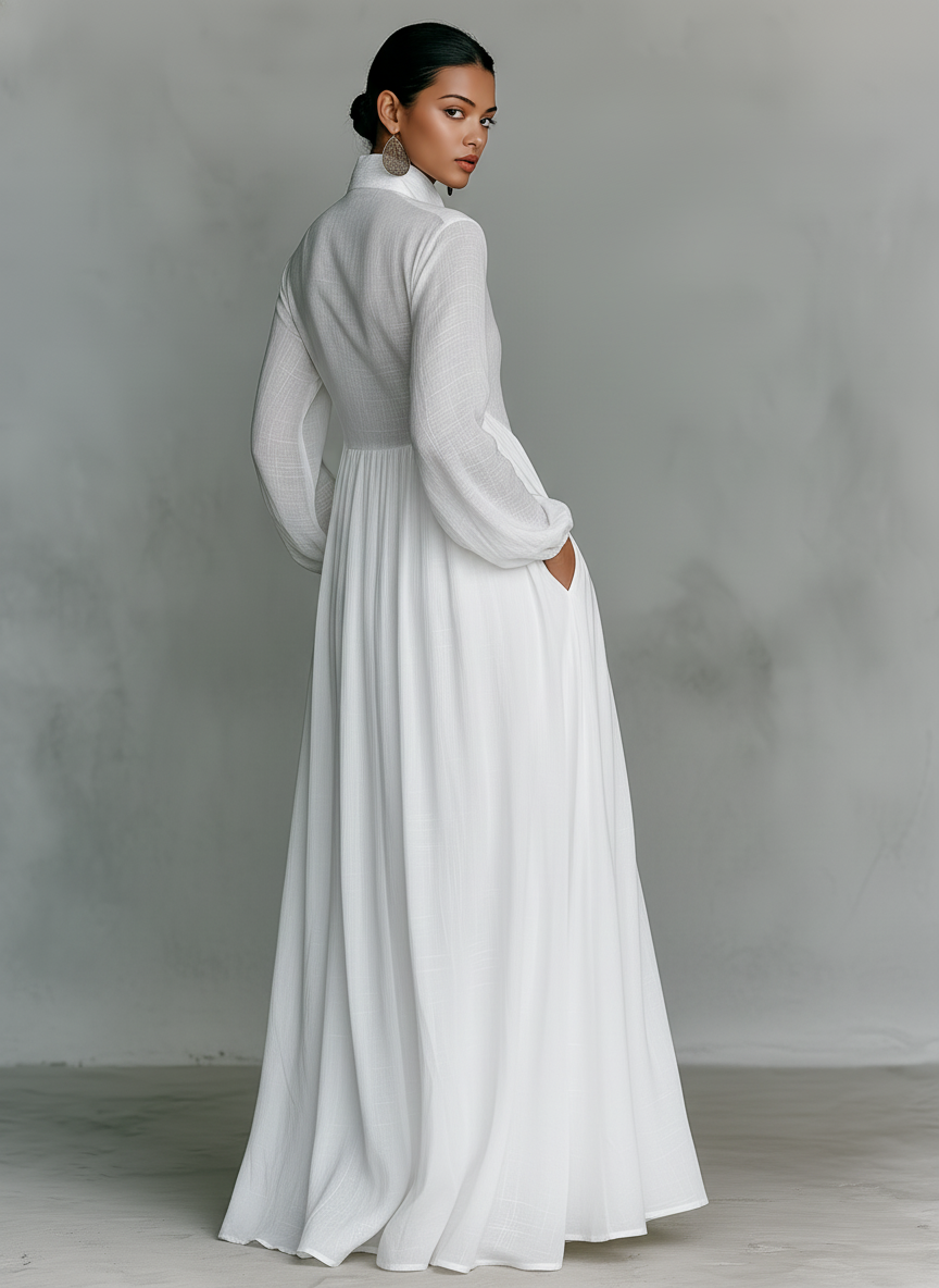 Women's Button-Front Maxi Dress with Stand Collar