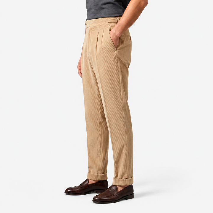 Men's Corduroy Pleated Trousers with Turn-Up Hem