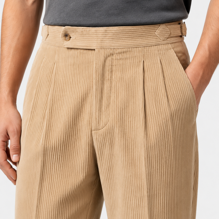 Men's Corduroy Pleated Trousers with Turn-Up Hem