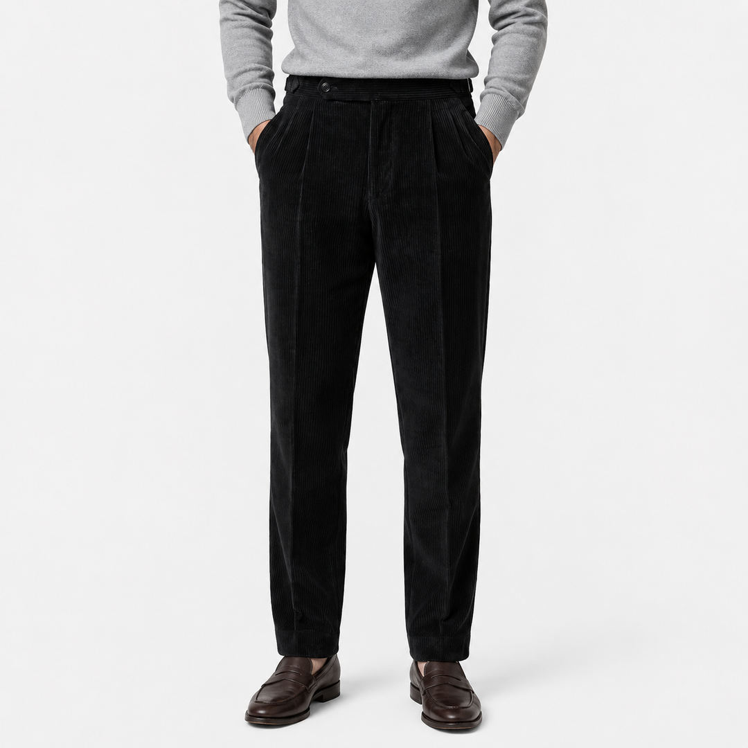 Men's Corduroy Pleated Trousers with Turn-Up Hem