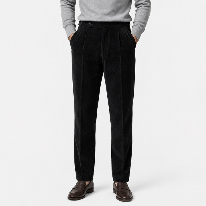 Men's Corduroy Pleated Trousers with Turn-Up Hem