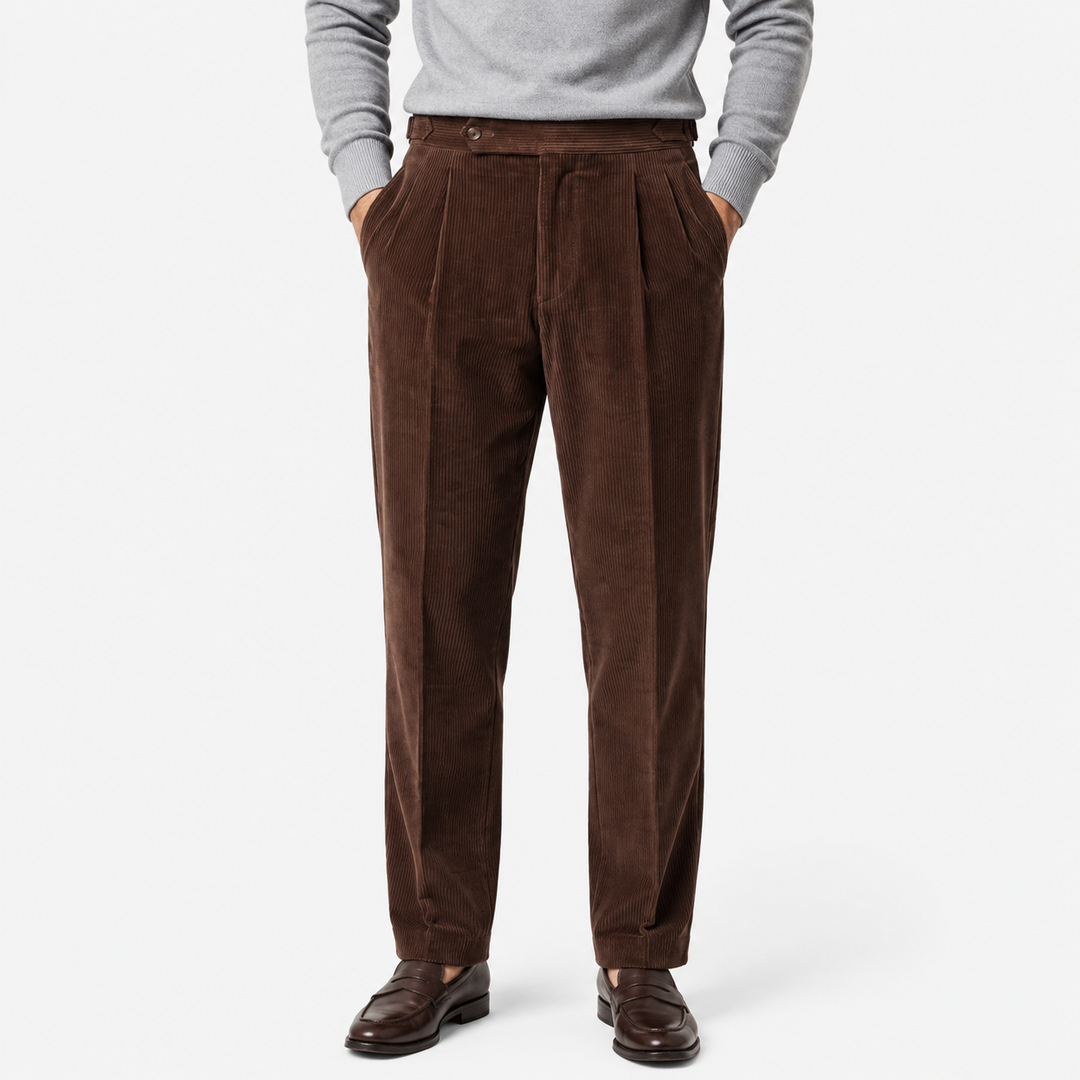 Men's Corduroy Pleated Trousers with Turn-Up Hem