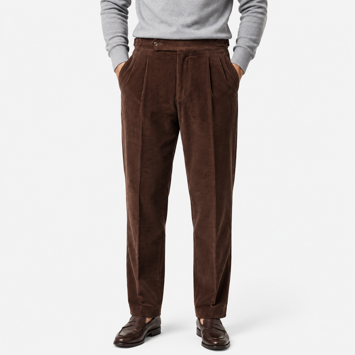 Men's Corduroy Pleated Trousers with Turn-Up Hem