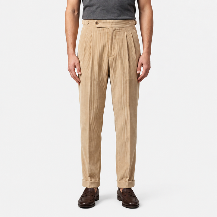 Men's Corduroy Pleated Trousers with Turn-Up Hem