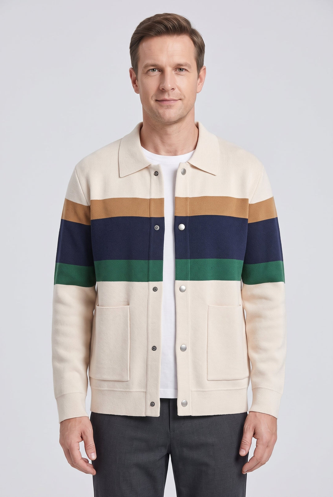 Men's Colour Block Knit Cardigan with Shirt Collar
