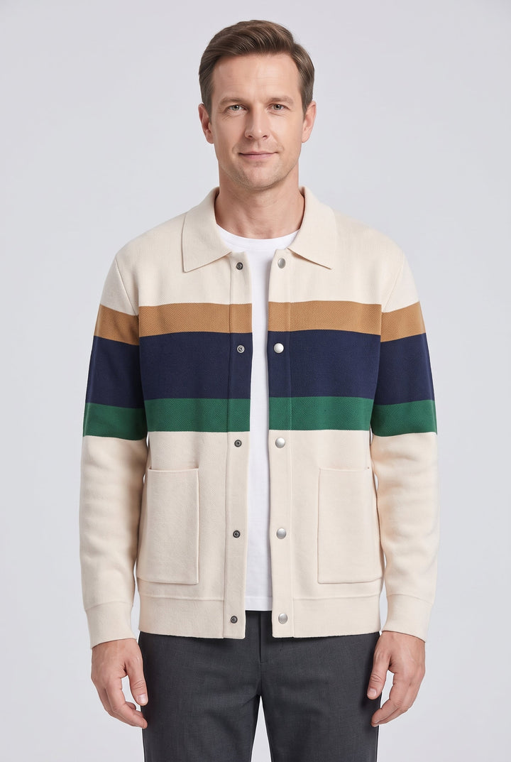 Men's Colour Block Knit Cardigan with Shirt Collar