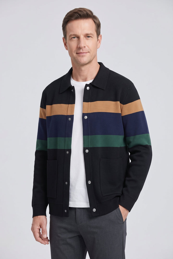 Men's Colour Block Knit Cardigan with Shirt Collar