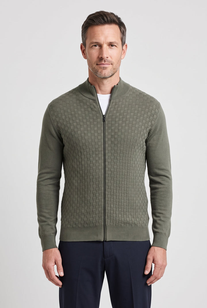 Men's Textured Knit Zip Cardigan with Funnel Neck