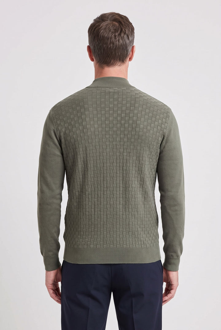 Men's Textured Knit Zip Cardigan with Funnel Neck