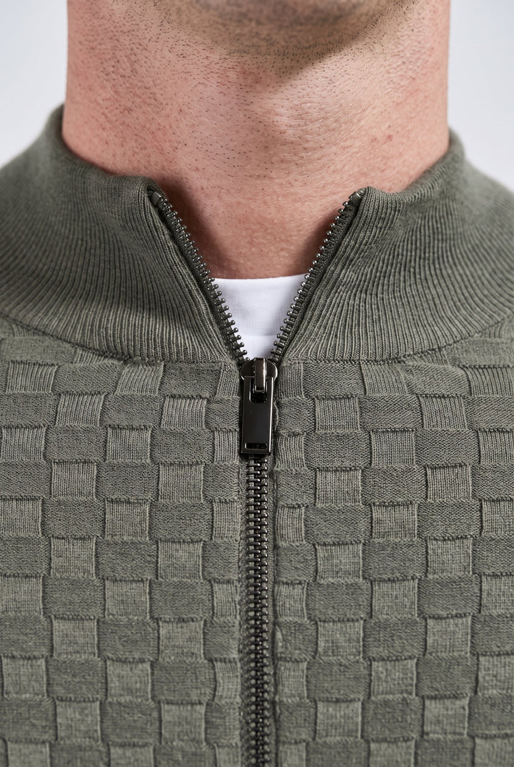 Men's Textured Knit Zip Cardigan with Funnel Neck