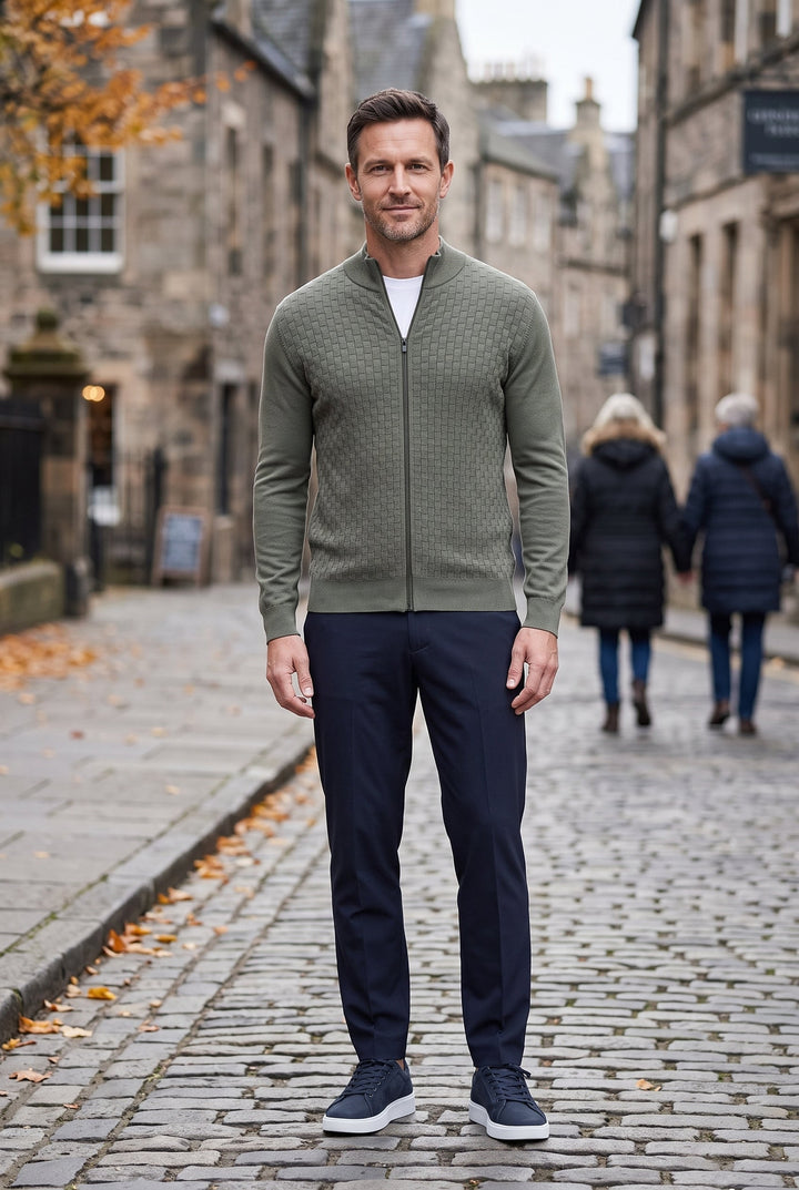 Men's Textured Knit Zip Cardigan with Funnel Neck