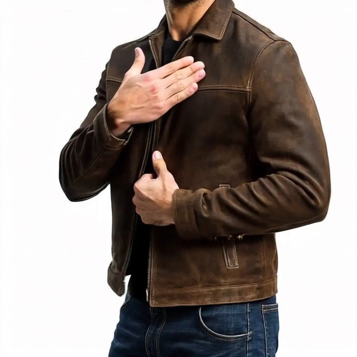Men's Leather Jacket with Zip Front and Point Collar