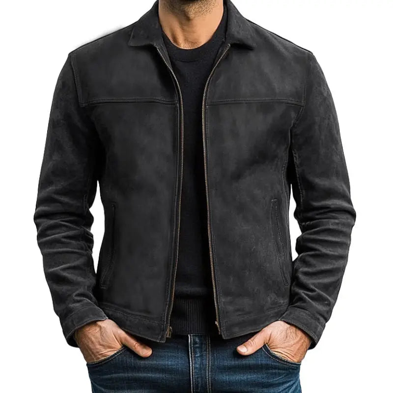 Men's Leather Jacket with Zip Front and Point Collar