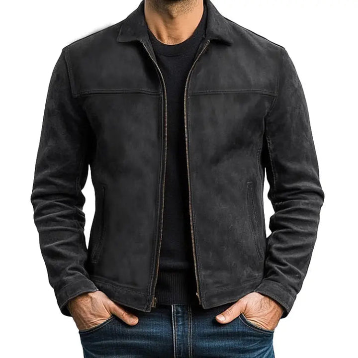 Men's Leather Jacket with Zip Front and Point Collar