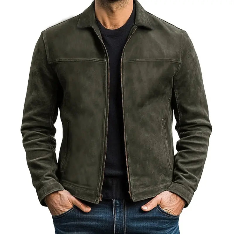 Men's Leather Jacket with Zip Front and Point Collar