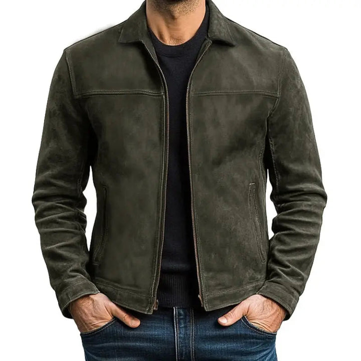 Men's Leather Jacket with Zip Front and Point Collar