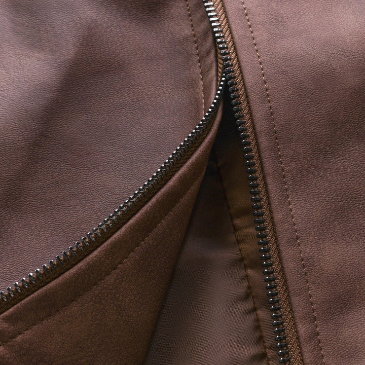 Men's Leather Jacket with Zip Front and Point Collar