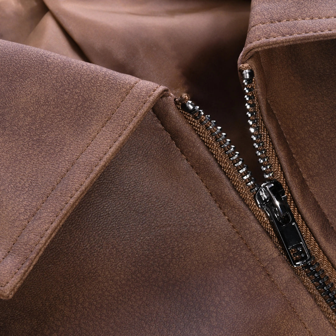 Men's Leather Jacket with Zip Front and Point Collar