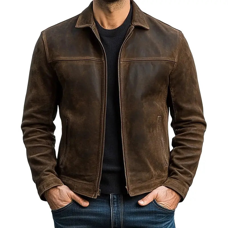 Men's Leather Jacket with Zip Front and Point Collar