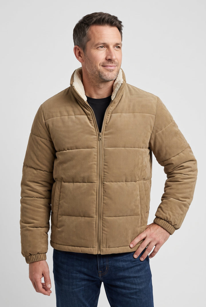 Men's Corduroy Puffer Jacket with Sherpa Collar
