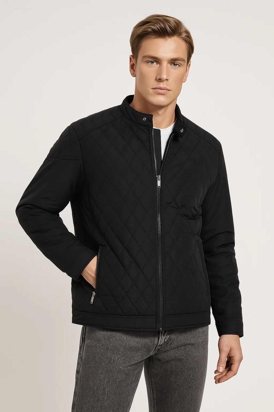 Men's Diamond-Quilted Jacket with Snap Collar