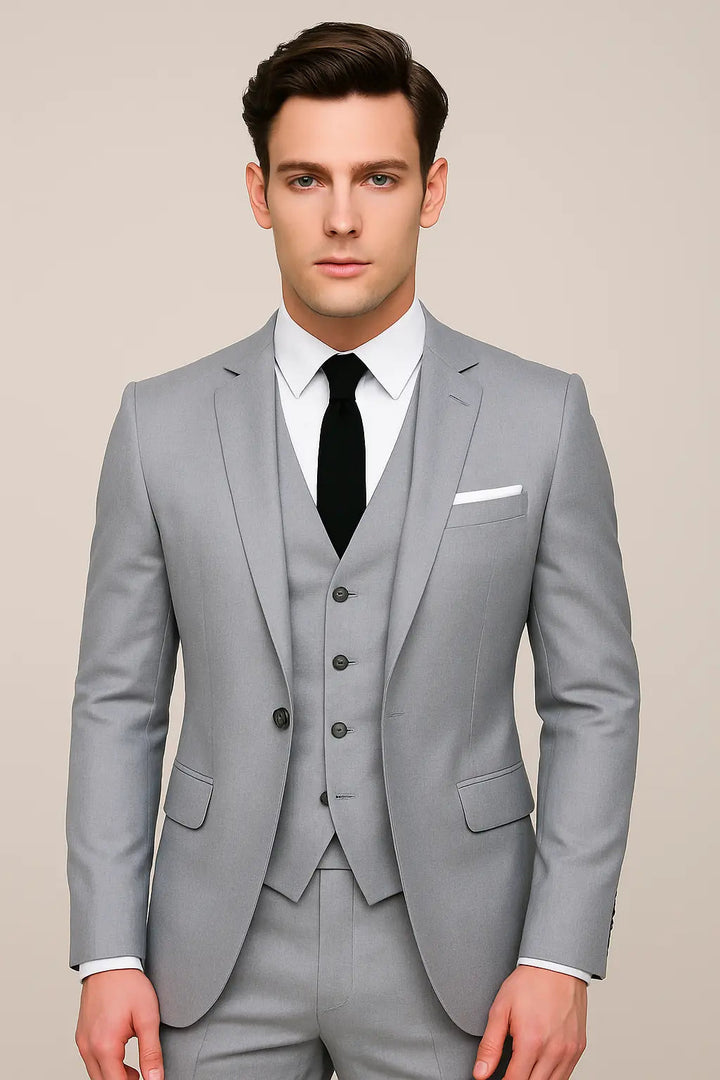 Men's Notch Lapel Three-Piece Suit with Pocket Square Detail