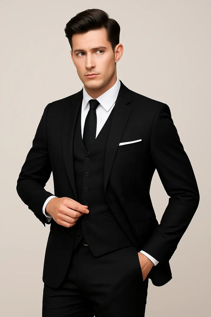 Men's Notch Lapel Three-Piece Suit with Pocket Square Detail