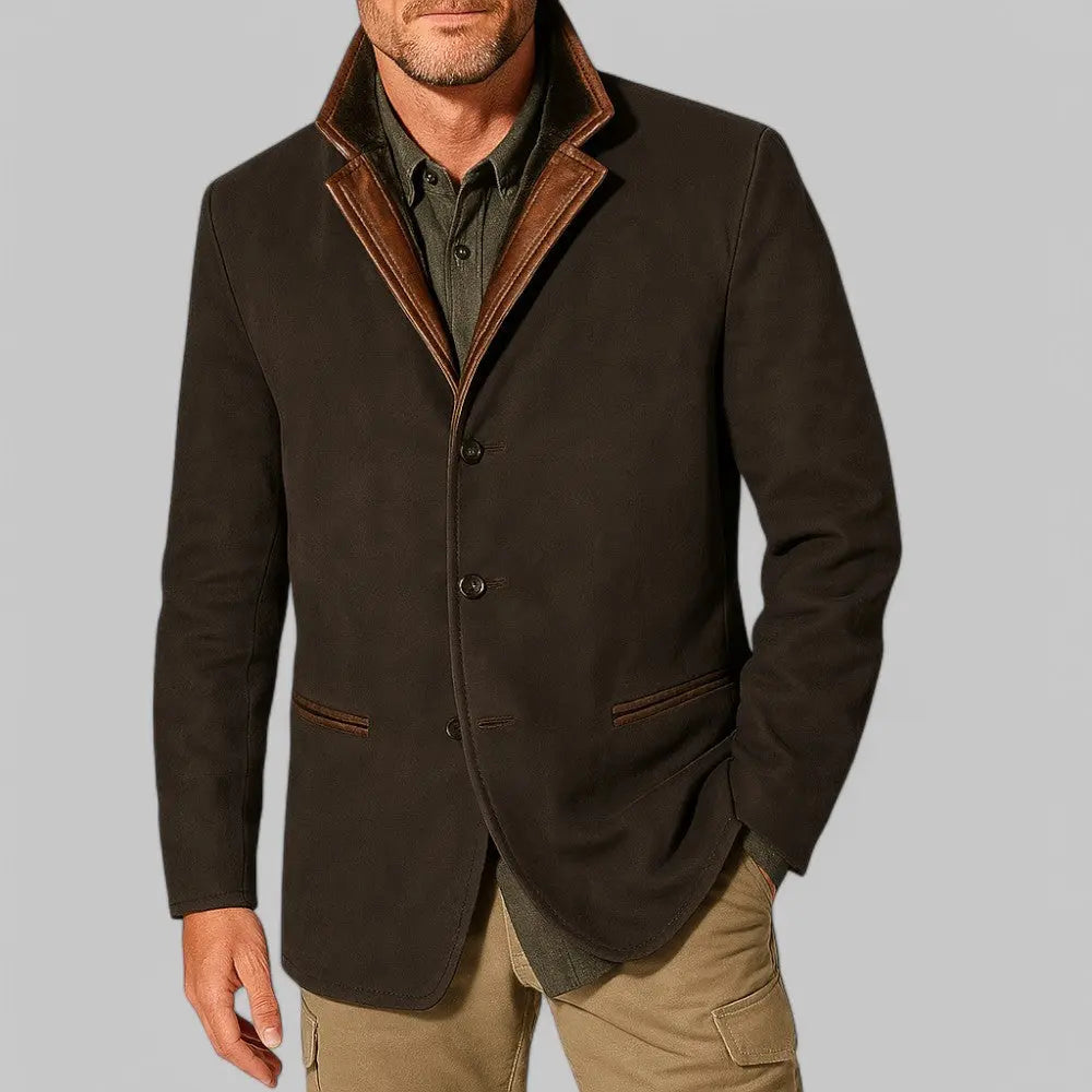 Men's Suede Jacket with Leather Trim Collar