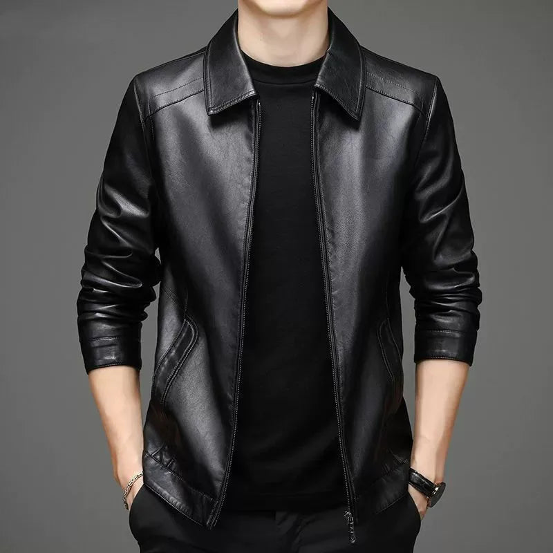 Men's Leather Jacket with Point Collar