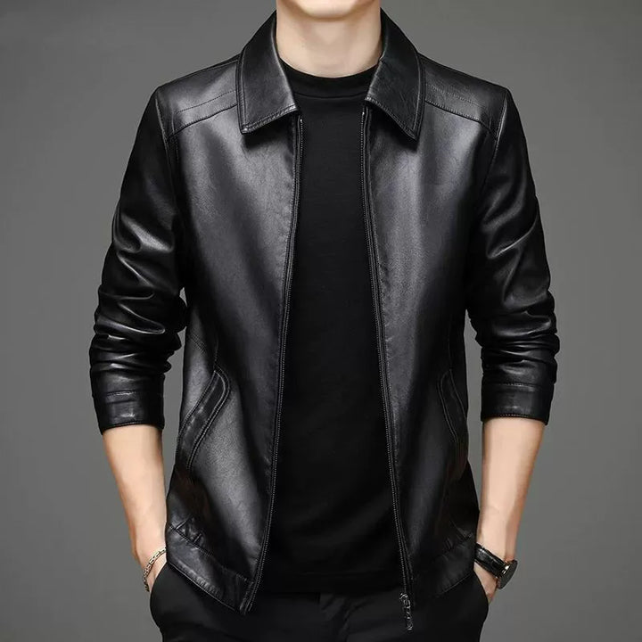 Men's Leather Jacket with Point Collar