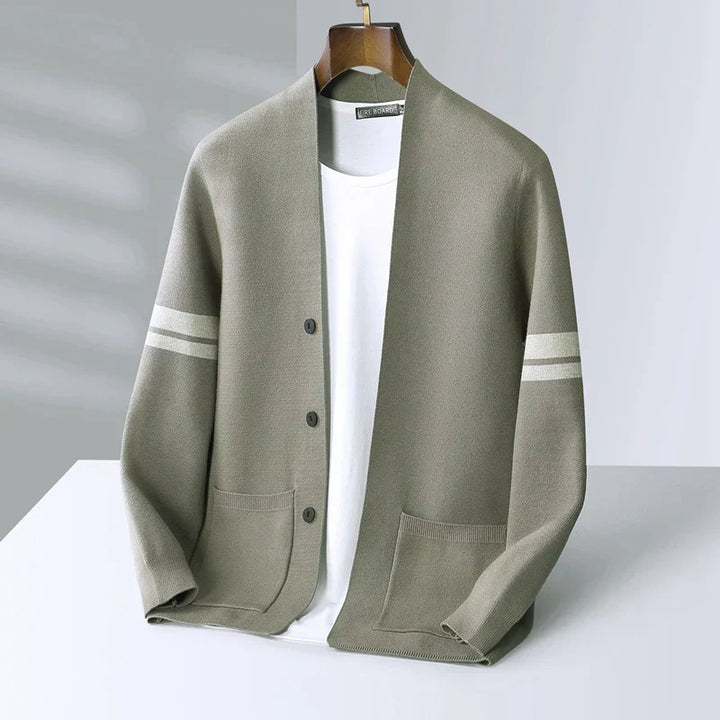 Men's Knitted Cardigan with Striped Sleeve Detail