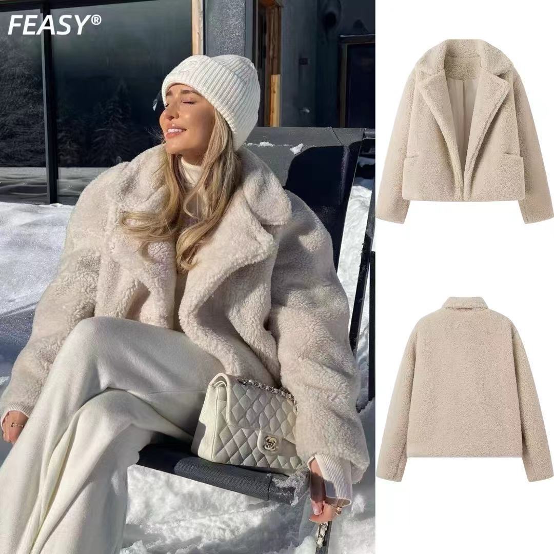 Women's Teddy Jacket with Notched Lapel in Cropped Fit