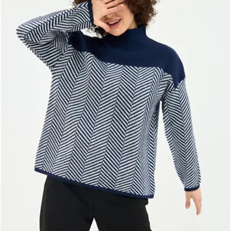 Women's Chevron Knit Jumper with High Neck Relaxed Fit
